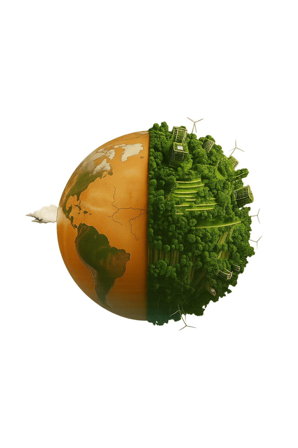 Split view of Earth showing contrast between arid land and thriving green ecosystems with renewable energy infrastructure